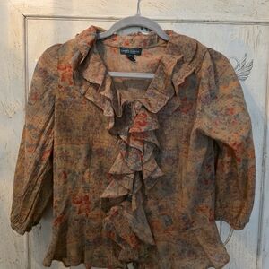 Ralph Lauren Women's Floral Ruffle Blouse - Red and Tan